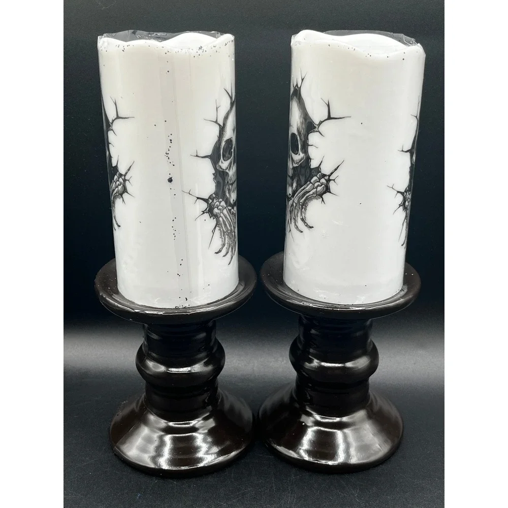 Skull Flameless LED Pillar Candles with Pedestal Bases Set of 2 Halloween Decor